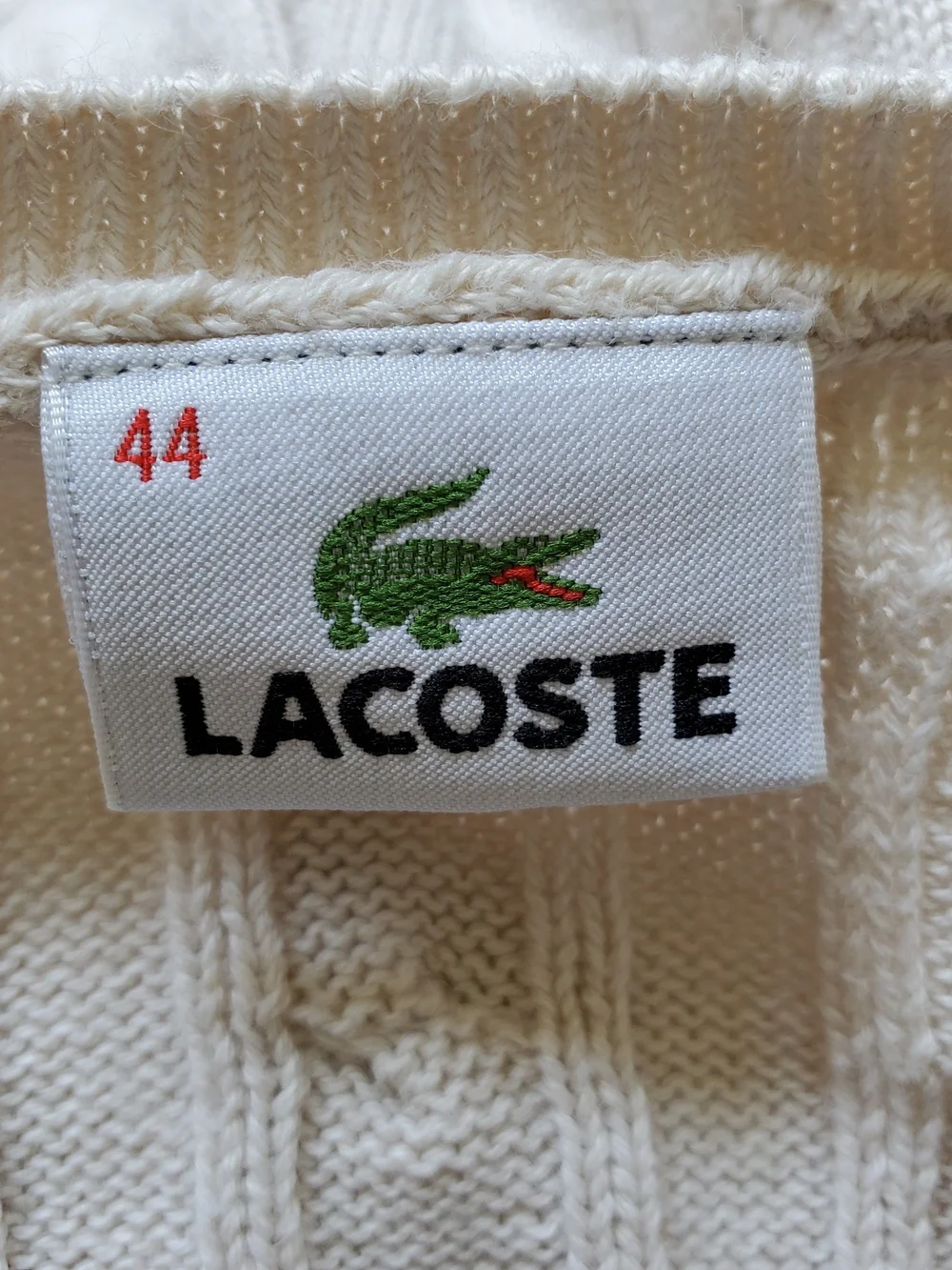 Lacoste Cream Cable Knit Crewneck Sweater with Green Logo. Size XL - Picture 7 of 8